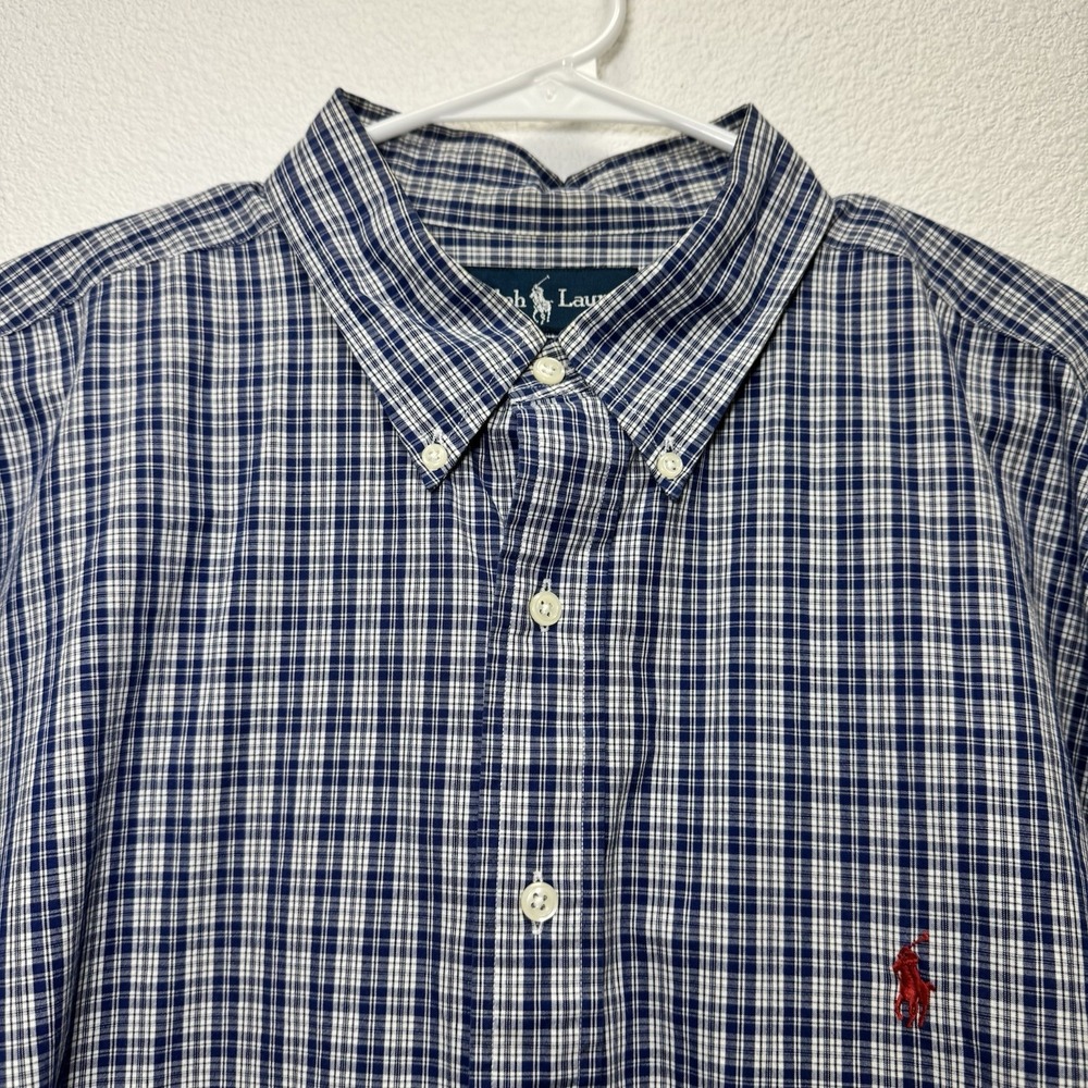 Ralph Lauren Classic Fit Blue White Plaid Red Pony 18 XXL Long Sleeve‎